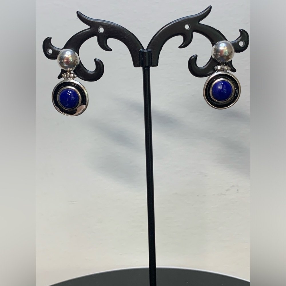 Silpada RARE VHTF Oxidized Sterling Silver Round Hinged Earrings w/Blue Stones